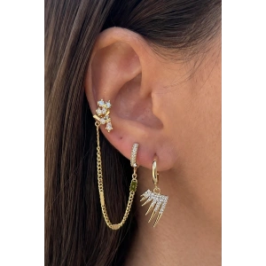 Altın Renk Taşlı 3lü Küpe Set