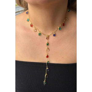 Altın Renk Taşlı Çelik Y Kolye