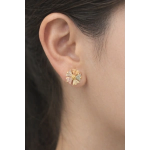 Altın Renk Taşlı Çiçek Figürlü 14K Altın Kaplama Tx  Küpe (Çift)