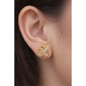 Altın Renk Taşlı Çiçek Figürlü 14K Altın Kaplama Tx  Küpe (Çift)