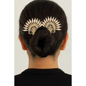 Altın Renk Tavus Kuşu Figürlü Taş Detaylı Topuz Tokası