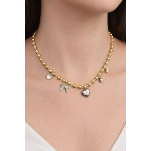 Altın Renk Top Zincir Detaylı Karışık Charmlı Çelik Kolye