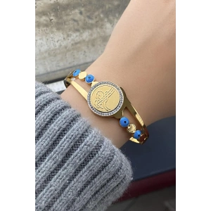 Altın Renk Tuğra Figürlü Çelik Kelepçe Bileklik