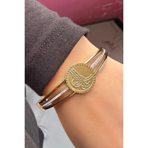 Altın Renk Tuğra Figürlü Çelik Kelepçe Bileklik