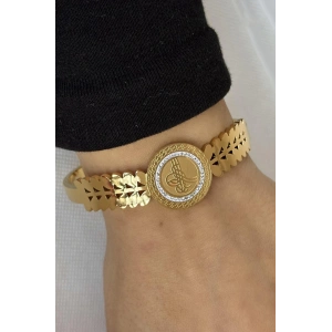 Altın Renk Tuğra Figürlü Çelik Kelepçe Bileklik