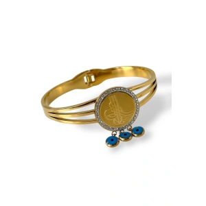 Altın Renk Tuğra Figürlü Nazar Boncuk Detaylı Çelik Kelepçe Bileklik