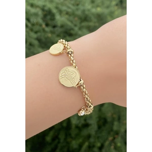 Altın Renk Tuğra Figürlü Taş Detaylı Çelik Bileklik