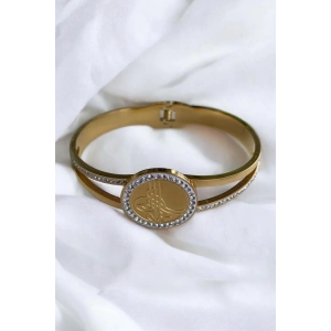 Altın Renk Tuğra Figürlü Taşlı Çelik Bileklik