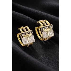 Altın Renk Üçlü Plaka Melek Figürlü Halka Küpe (Çift)