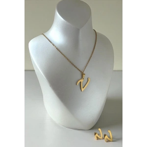 Altın Renk V Harfli Çelik Kolye Set