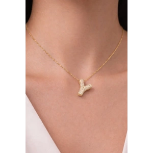 Altın Renk Y Harf Taş Detaylı Çelik Kolye