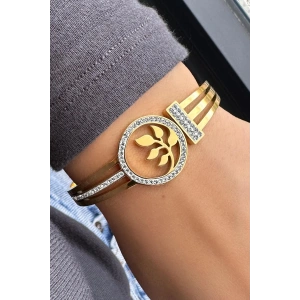 Altın Renk Yaprak Figürlü Çelik Kelepçe Bileklik