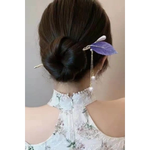 Altın Renk Yaprak Figürlü İnci Detaylı Topuz Tokası