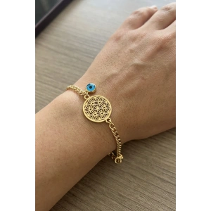 Altın Renk Yaşam Çiçeği Figürlü Göz Detaylı Bileklik