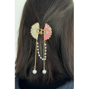 Altın Renk Yelpaze Figürlü Taş Ve İnci Detaylı Metal Mandal Toka