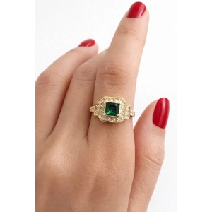 Altın Renk Yeşil Taş Detaylı Ayarlanabilir Yüzük