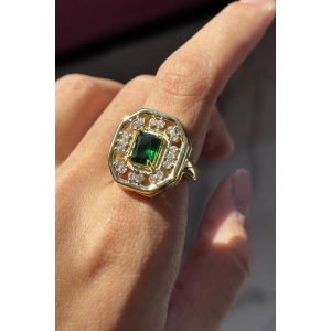 Altın Renk Yeşil Taş Detaylı Ayarlanabilir Yüzük