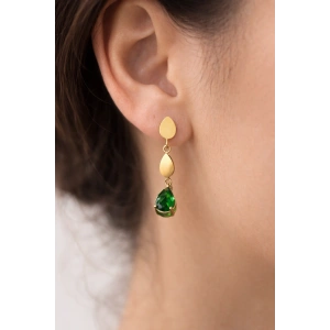 Altın Renk Yeşil Taş Detaylı Çelik Küpe (Çift)