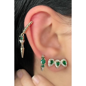 Altın Renk Yeşil Taş Detaylı VİP 3lü YSX Küpe Set