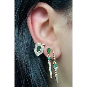 Altın Renk Yeşil Taş Detaylı VİP 3lü YSX Küpe Set