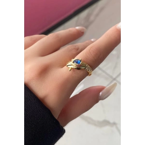 Altın Renk Yılan Figürlü Mavi Taş Detaylı Ayarlanabilir Yüzük