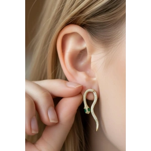 Altın Renk Yılan Figürlü Taş Detaylı 14K Altın Kaplama TX Küpe (Çift)