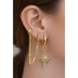 Altın Renk Yıldız Figürlü 3lü Küpe Set