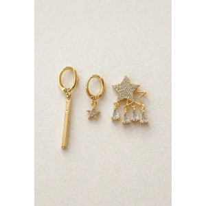 Altın Renk Yıldız Figürlü 3lü Ysx Küpe Set