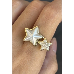 Altın Renk Yıldız Figürlü İnci Ve Taş Detaylı Ayarlanabilir Yüzük