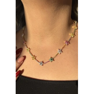 Altın Renk  Yıldız Figürlü Renkli Taş Detaylı Altın Kaplama VİP Kolye