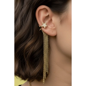 Altın Renk Yıldız Figürlü Taş Detaylı Çelik Sallantılı Ear Cuff (Tek)