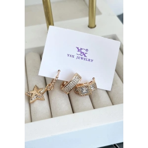 Altın Renk Yıldız Figürlü Taş Detaylı VİP 3lü YSX Küpe Set