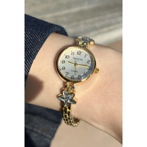 Altın Renk Yıldız Taş Detaylı Çelik Kordonlu Kadın Saat