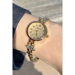 Altın Renk Yıldız Taş Detaylı Çelik Kordonlu Kadın Saat