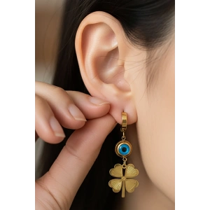 Altın Renk Yonca Figürlü Nazar Boncuk Detaylı Çelik Küpe (Çift)