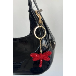 Altın Renk Yusufçuk Figürlü Kırmızı Taş Detaylı Çanta Charm/ Anahtarlık