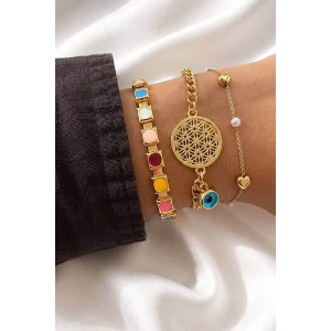 Altın  Renk  Zincir Detaylı 3lü Bileklik Set