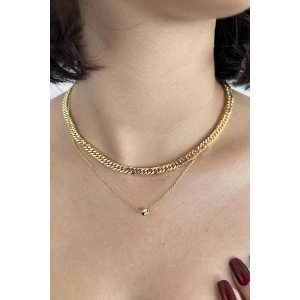 Altın Renk Zincir Detaylı İkili Kolye