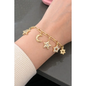 Altın Renk Zincir Detaylı Karışık Charmlı Çelik Bileklik