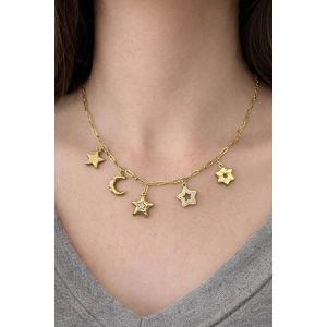 Altın Renk Zincir Detaylı Karışık Charmlı Çelik Kolye