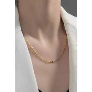 Altın Renk Zincir Detaylı Unisex Çelik Kolye