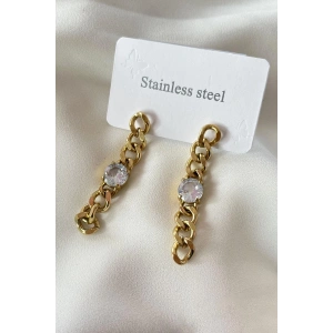 Altın Renk Zincir Figürlü Taş Detaylı Çelik Küpe (Çift)