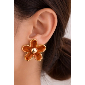 Altın Ve Açık Kahve Renk Çiçek Figürlü Küpe (Çift)