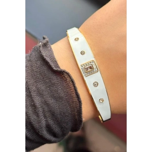 Altın Ve Beyaz Renk Taş Detaylı Çelik Kelepçe Bileklik