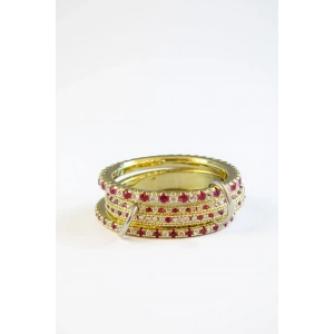 Altın Ve Bordo Renk Çoklu Halka Detaylı Taşlı Yüzük
