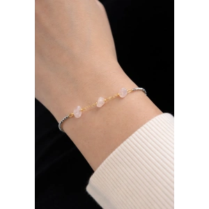 Altın Ve Gümüş Renk Pembe Taş Detaylı Çelik Bileklik