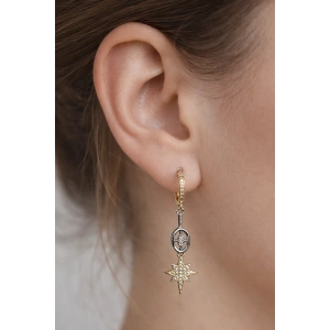 Altın Ve Gümüş Renk Taş Detaylı 14K Altın Kaplama Küpe (Çift)