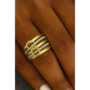 Altın Ve Gümüş Renk Taş Detaylı Çoklu Yüzük