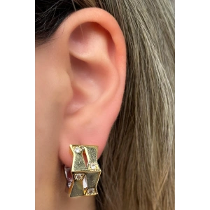 Altın Ve Gümüş Renk Taş Detaylı Halka Küpe (Çift)