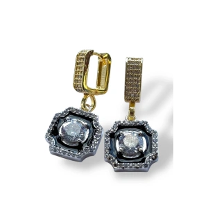 Altın Ve Gümüş Renk Taş Detaylı Küpe (Çift)